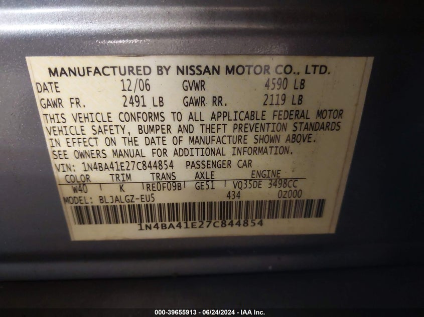 2007 Nissan Maxima 3.5 Sl VIN: 1N4BA41E27C844854 Lot: 39655913