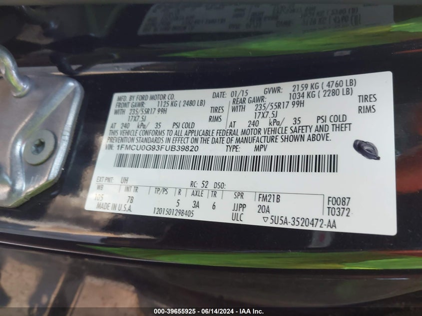 2015 Ford Escape Se VIN: 1FMCU0G93FUB39820 Lot: 39655925