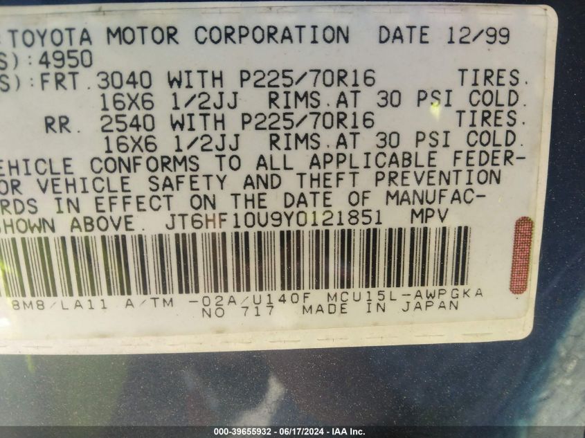 2000 Lexus Rx 300 VIN: JT6HF10U9Y0121851 Lot: 39655932