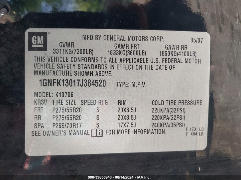 2007 Chevrolet Tahoe Ltz VIN: 1GNFK13017J384520 Lot: 39655943