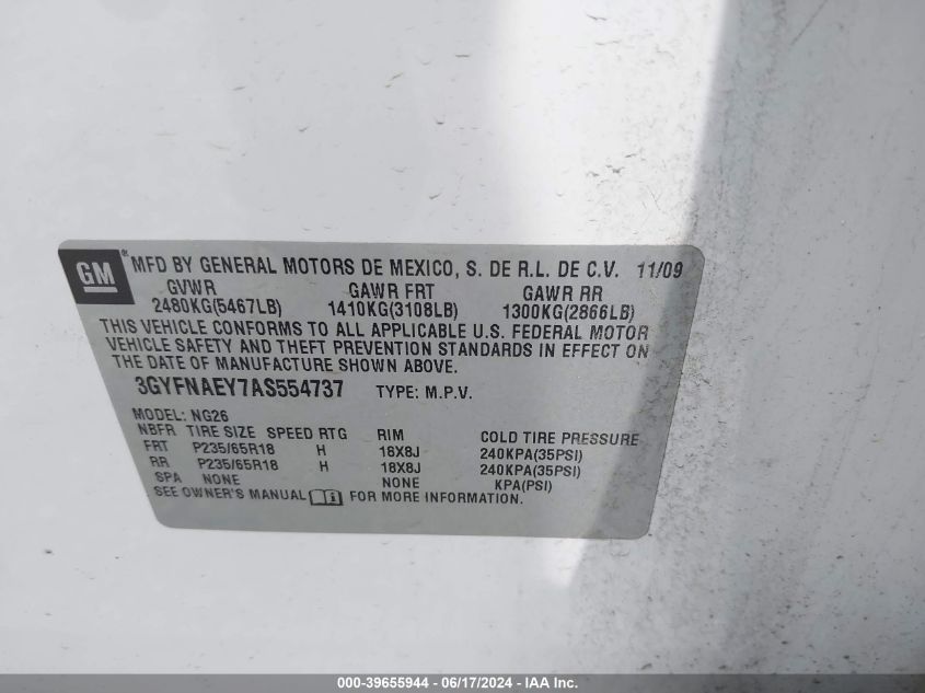 2010 Cadillac Srx Luxury Collection VIN: 3GYFNAEY7AS554737 Lot: 39655944