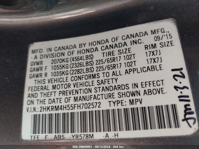 2015 Honda Cr-V Ex VIN: 2HKRM4H55FH702572 Lot: 39655951