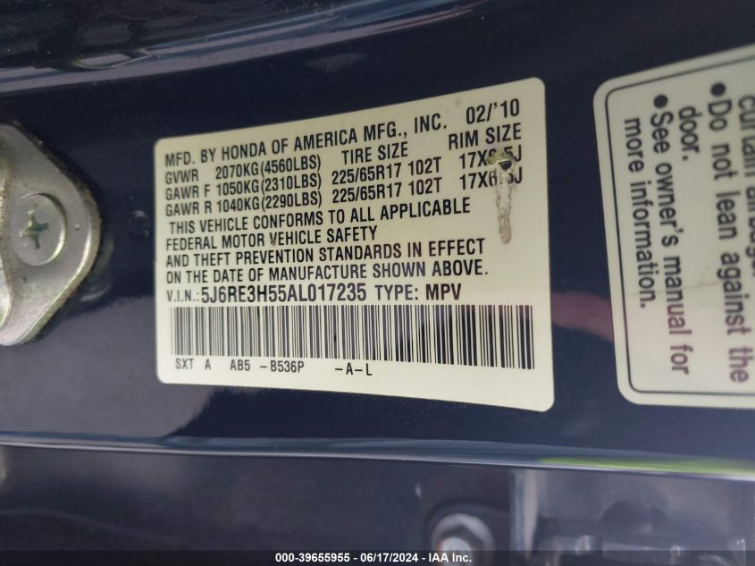 2010 Honda Cr-V Ex VIN: 5J6RE3H55AL017235 Lot: 39655955