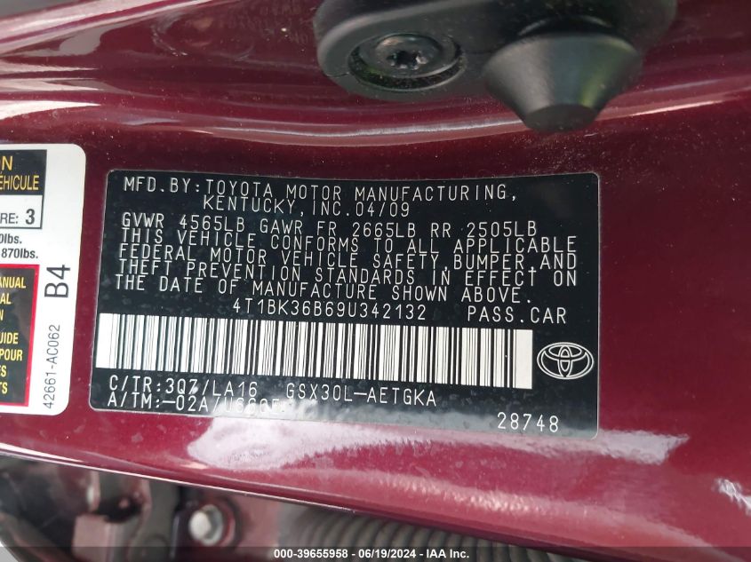 2009 Toyota Avalon Xls VIN: 4T1BK36B69U342132 Lot: 39655958