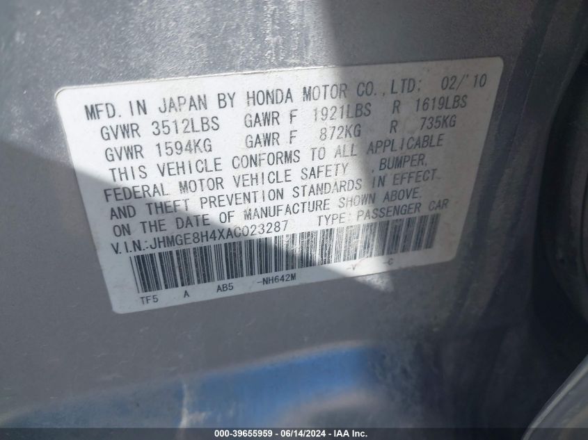 2010 Honda Fit Sport VIN: JHMGE8H4XAC023287 Lot: 39655959