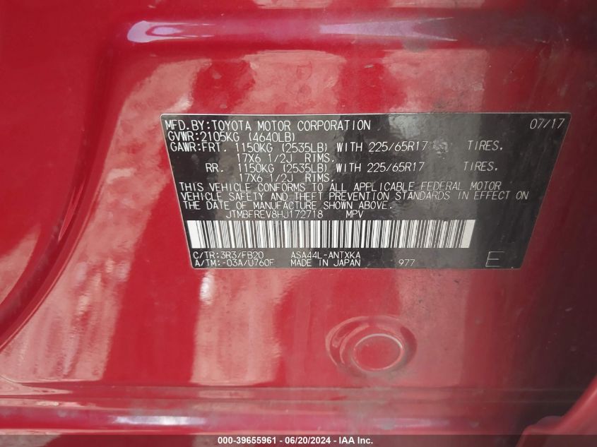 2017 Toyota Rav4 Le VIN: JTMBFREV8HJ172718 Lot: 39655961