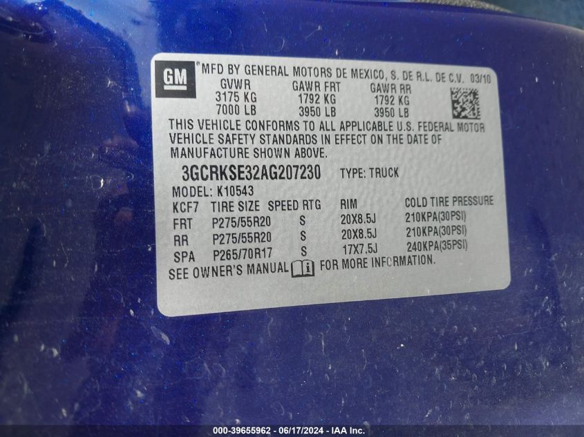 2010 Chevrolet Silverado 1500 Lt VIN: 3GCRKSE32AG207230 Lot: 39655962