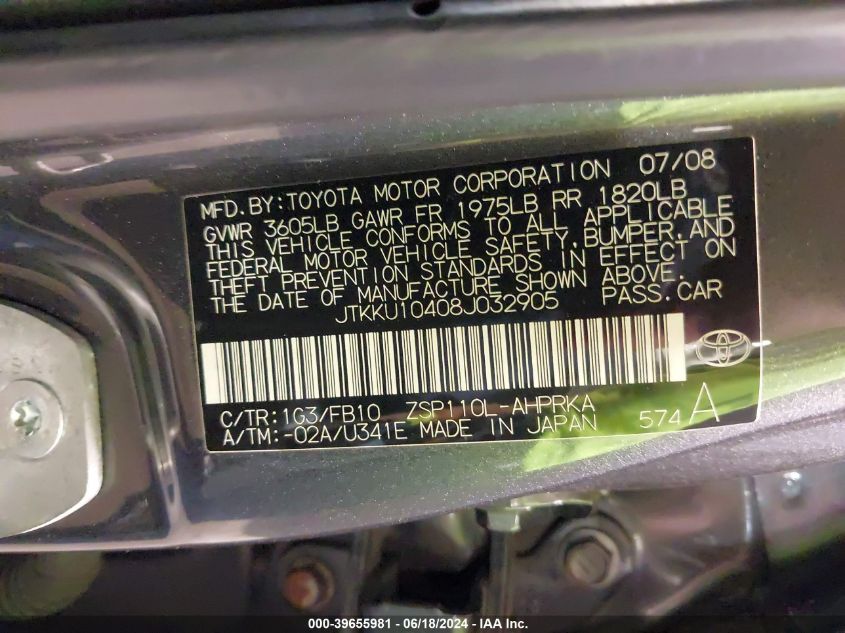 2008 Scion Xd VIN: JTKKU10408J032905 Lot: 39655981