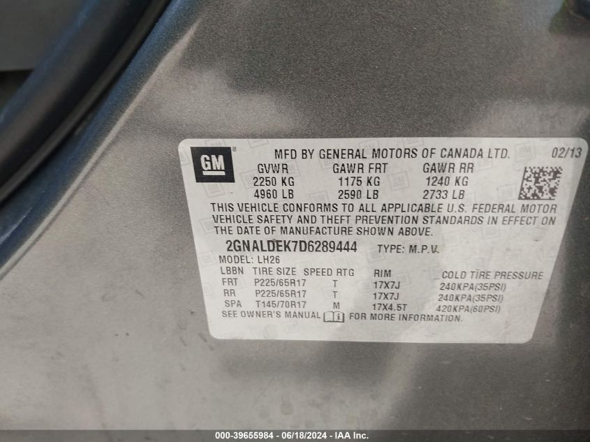 2013 Chevrolet Equinox 1Lt VIN: 2GNALDEK7D6289444 Lot: 39655984