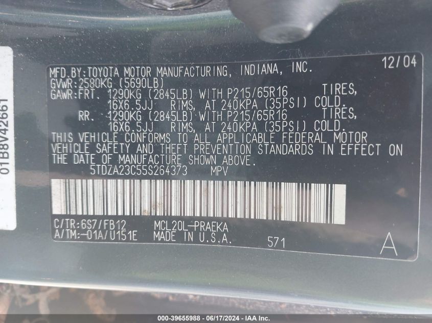 2005 Toyota Sienna Le VIN: 5TDZA23C55S264373 Lot: 39655988