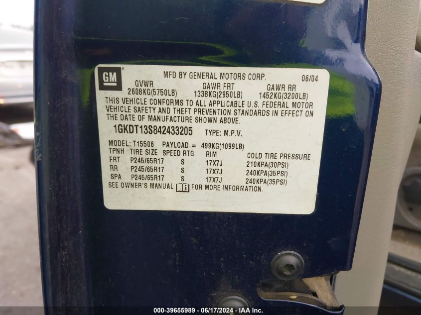 2004 GMC Envoy Sle VIN: 1GKDT13S842433205 Lot: 39655989