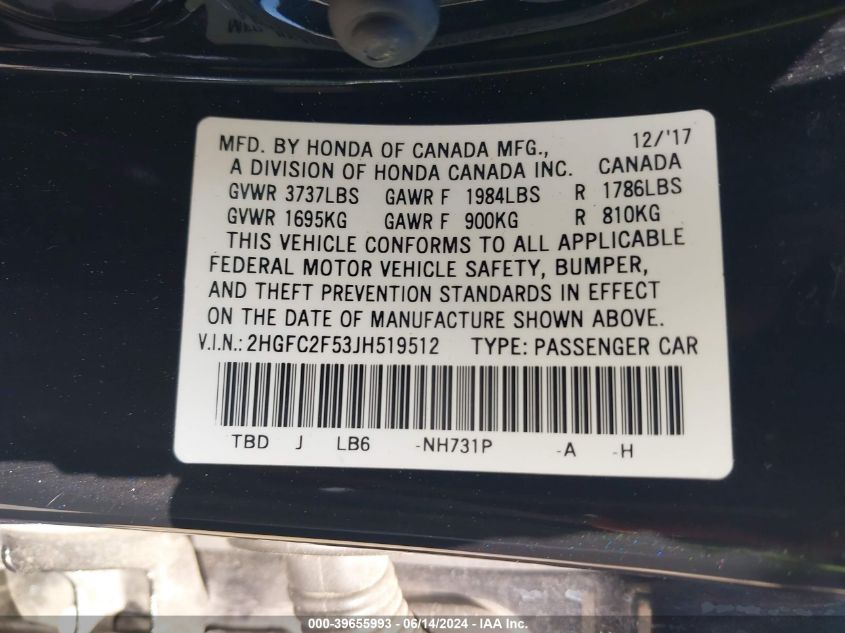 2018 Honda Civic Lx VIN: 2HGFC2F53JH519512 Lot: 39655993