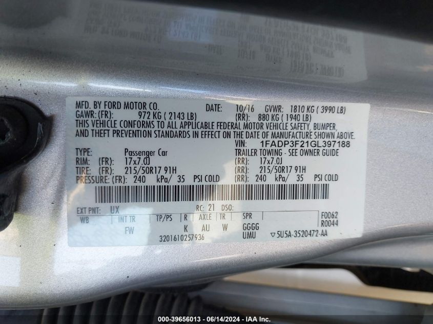 2016 Ford Focus Se VIN: 1FADP3F21GL397188 Lot: 39656013