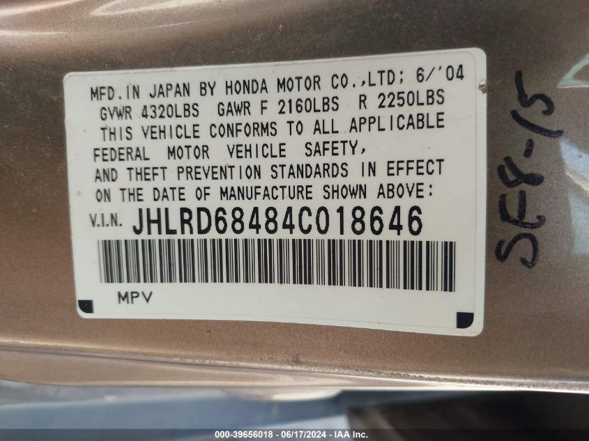 2004 Honda Cr-V Lx VIN: JHLRD68484C018646 Lot: 39656018