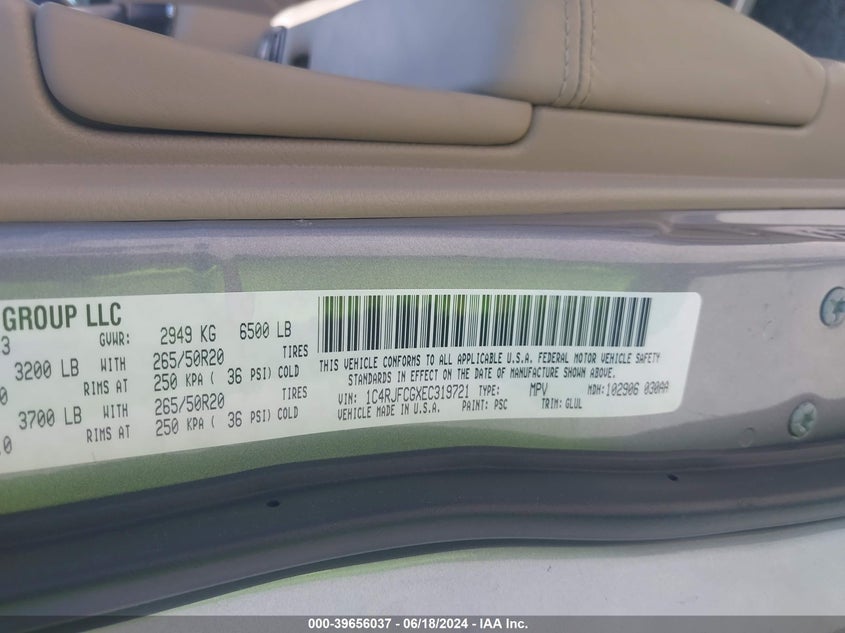 2014 Jeep Grand Cherokee Overland VIN: 1C4RJFCGXEC319721 Lot: 39656037