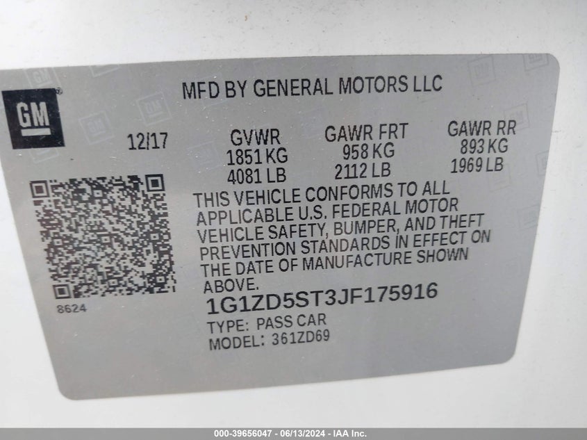 2018 Chevrolet Malibu Lt VIN: 1G1ZD5ST3JF175916 Lot: 39656047