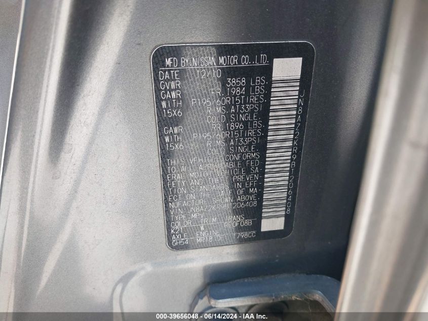 2011 Nissan Cube 1.8S VIN: JN8AZ2KR9BT206408 Lot: 39656048