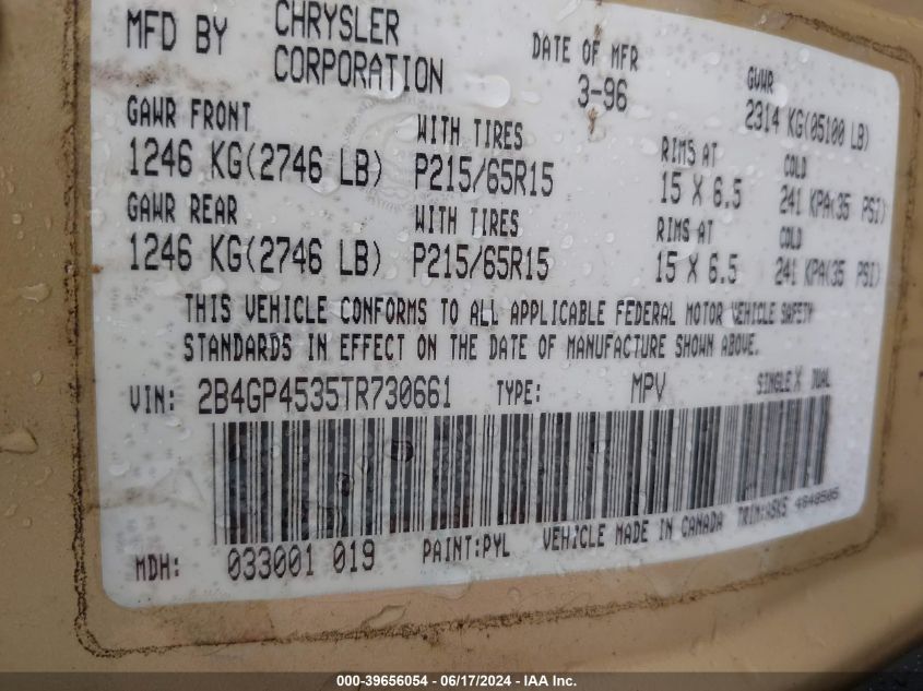 1996 Dodge Caravan Se VIN: 2B4GP4535TR730661 Lot: 39656054