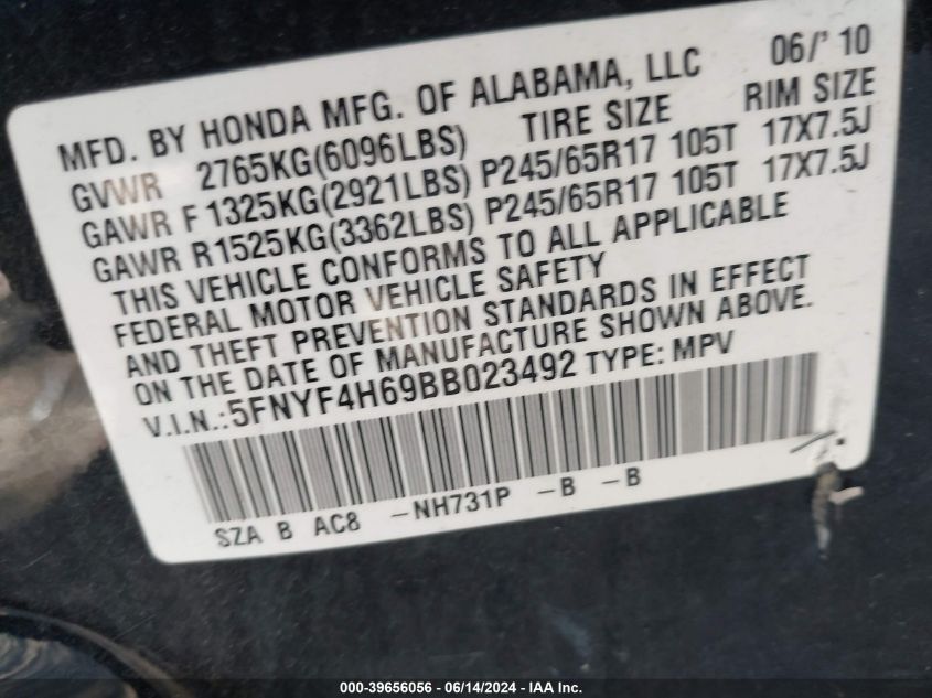 2011 Honda Pilot Ex-L VIN: 5FNYF4H69BB023492 Lot: 39656056