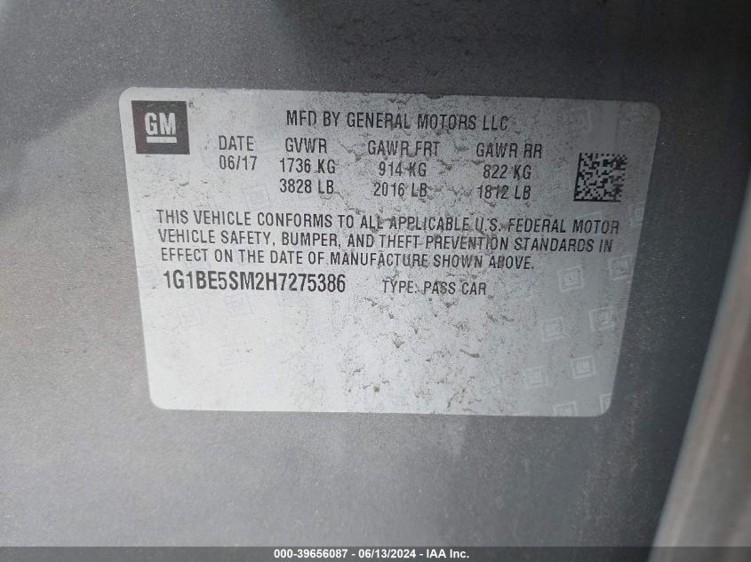 2017 Chevrolet Cruze Lt Auto VIN: 1G1BE5SM2H7275386 Lot: 39656087