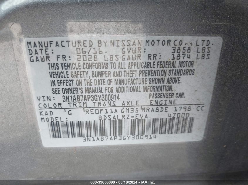 2016 NISSAN SENTRA SR - 3N1AB7AP3GY300914