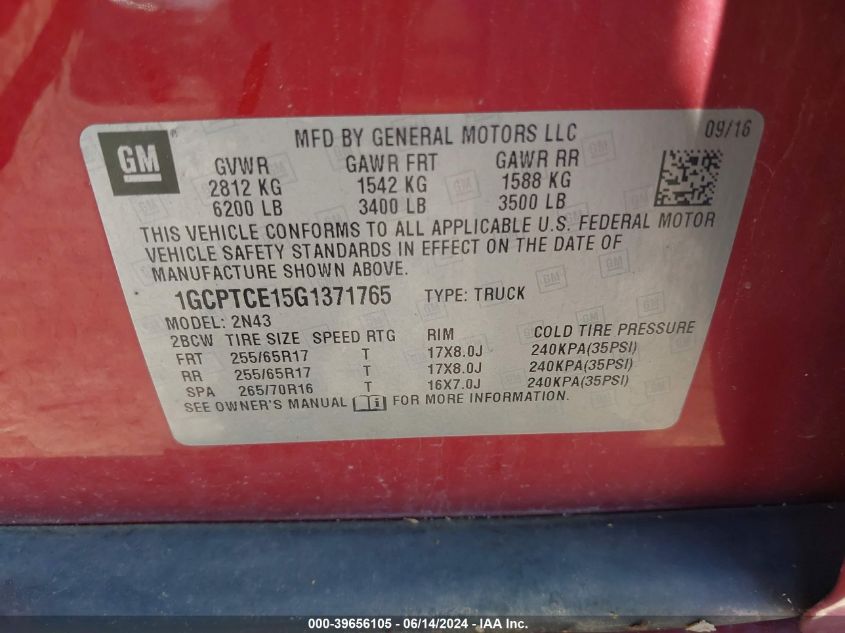 2016 Chevrolet Colorado Lt VIN: 1GCPTCE15G1371765 Lot: 39656105