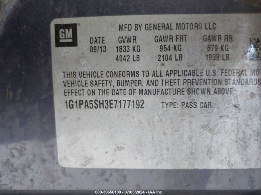 2014 Chevrolet Cruze Ls Auto VIN: 1G1PA5SH3E7177192 Lot: 39656109
