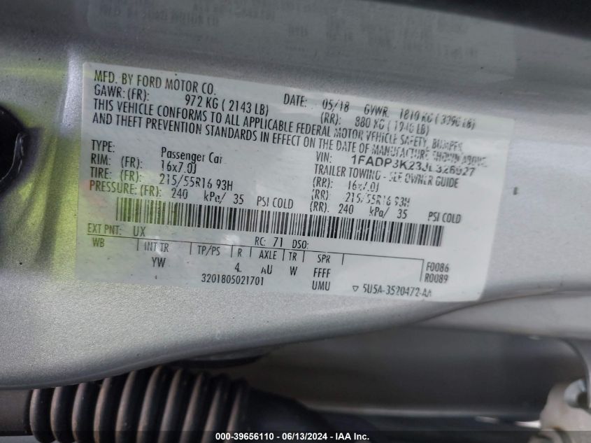 2018 Ford Focus Se VIN: 1FADP3K23JL326927 Lot: 39656110