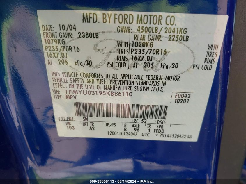 2005 Ford Escape Xlt VIN: 1FMYU03195KB86110 Lot: 39656113