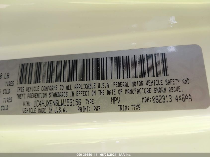 2020 Jeep Wrangler Unlimited Sahara 4X4 VIN: 1C4HJXEN6LW153156 Lot: 39656114