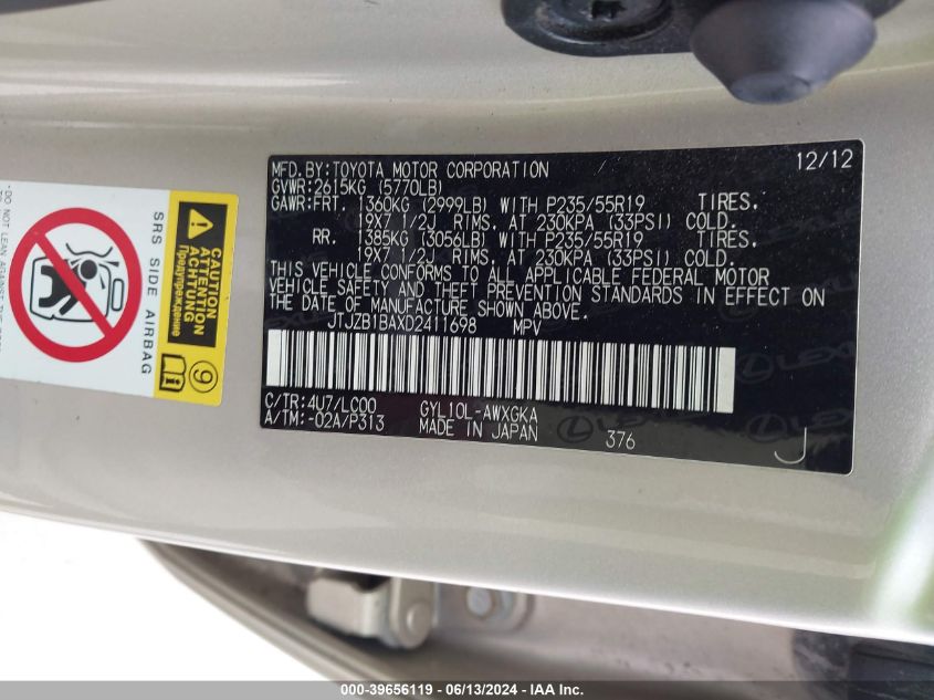 JTJZB1BAXD2411698 2013 Lexus Rx 450H