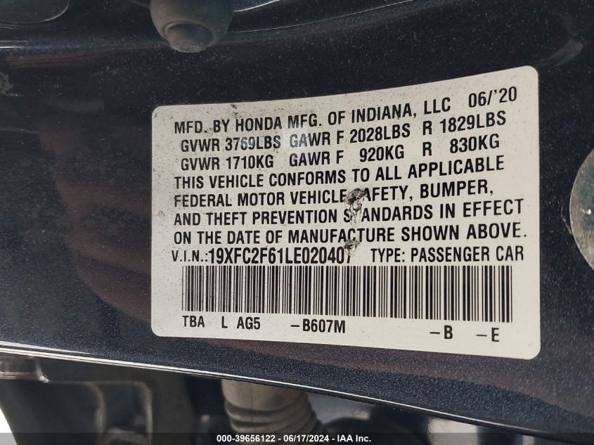 2020 Honda Civic Lx VIN: 19XFC2F61LE020407 Lot: 40586045