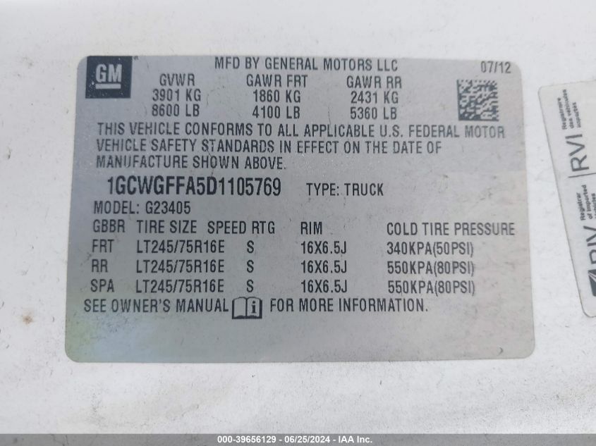 2013 Chevrolet Express 2500 Work Van VIN: 1GCWGFFA5D1105769 Lot: 39656129