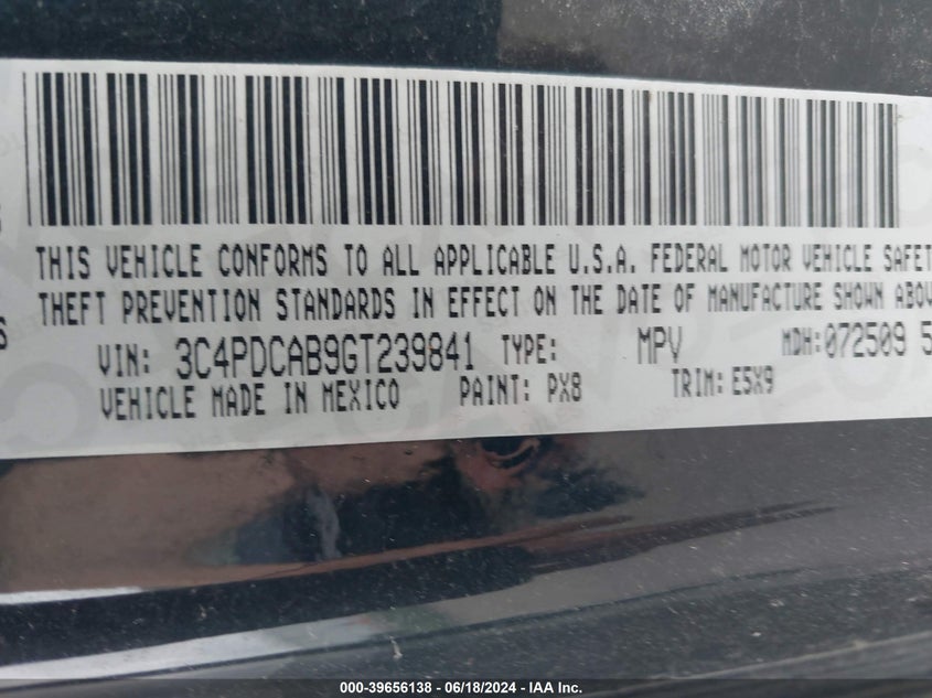 2016 Dodge Journey Se VIN: 3C4PDCAB9GT239841 Lot: 39656138