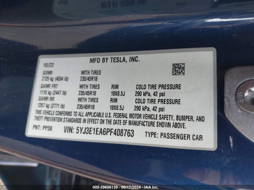 2023 Tesla Model 3 Rear-Wheel Drive VIN: 5YJ3E1EA6PF408763 Lot: 39656139