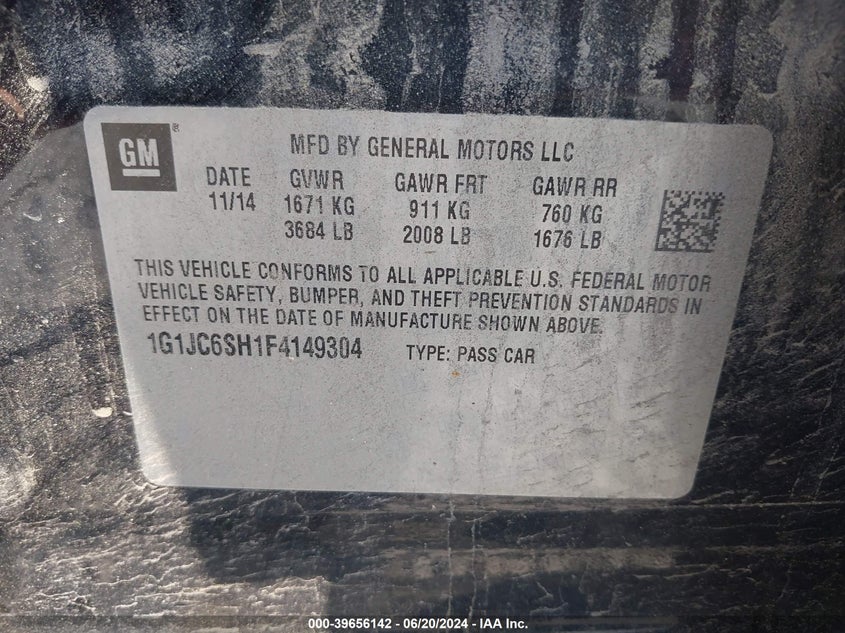 2015 Chevrolet Sonic Lt Auto VIN: 1G1JC6SH1F4149304 Lot: 39656142