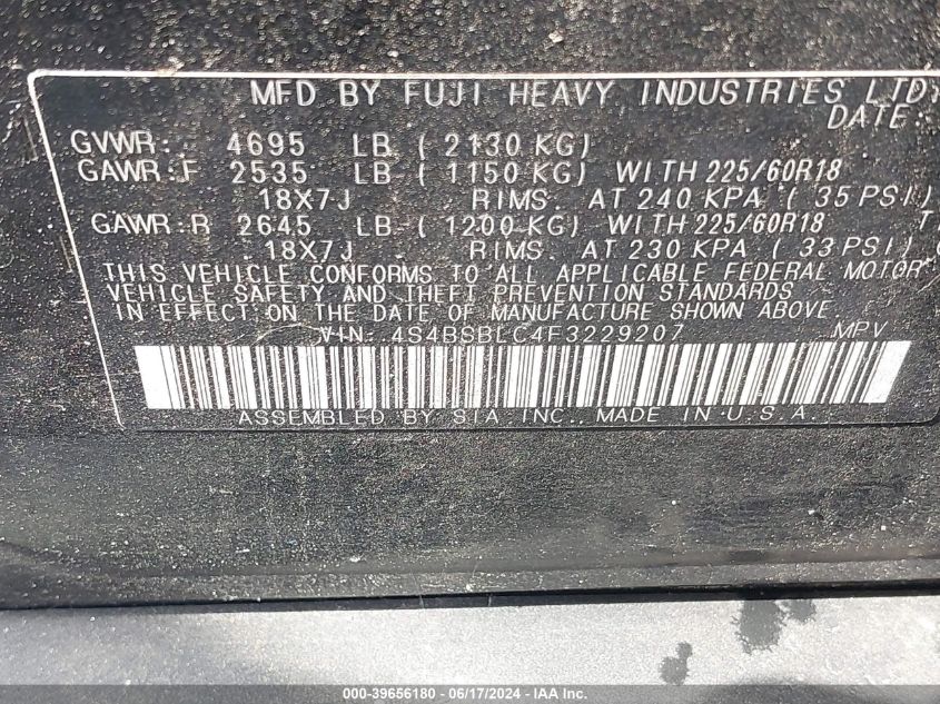 2015 Subaru Outback 2.5I Limited VIN: 4S4BSBLC4F3229207 Lot: 39656180