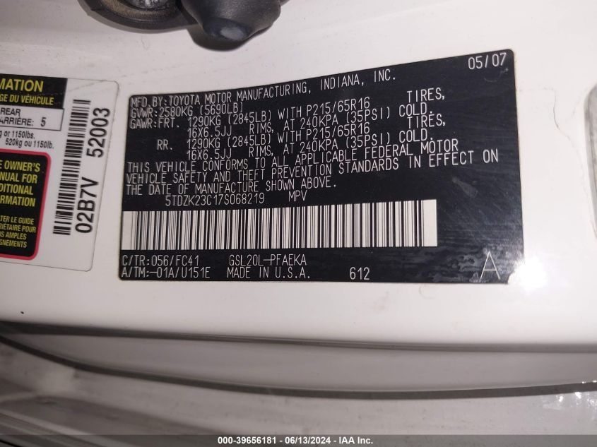 2007 Toyota Sienna Le VIN: 5TDZK23C17S068219 Lot: 39656181