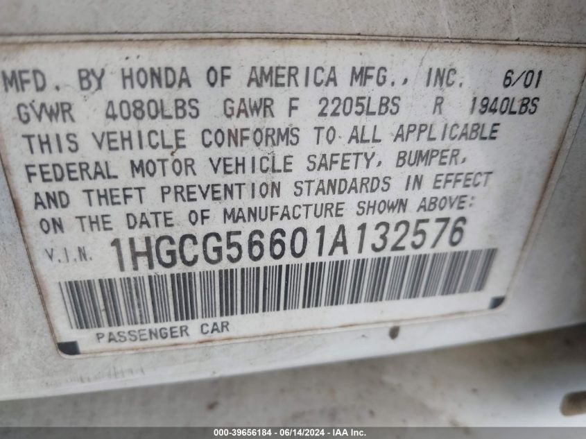2001 Honda Accord 2.3 Ex VIN: 1HGCG56601A132576 Lot: 39656184