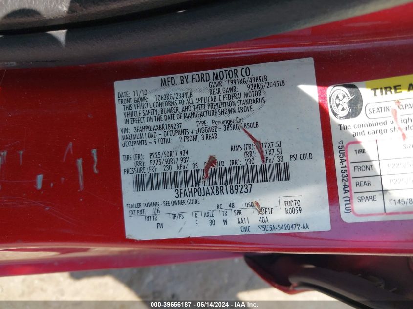 2011 Ford Fusion Sel VIN: 3FAHP0JAXBR189237 Lot: 39656187