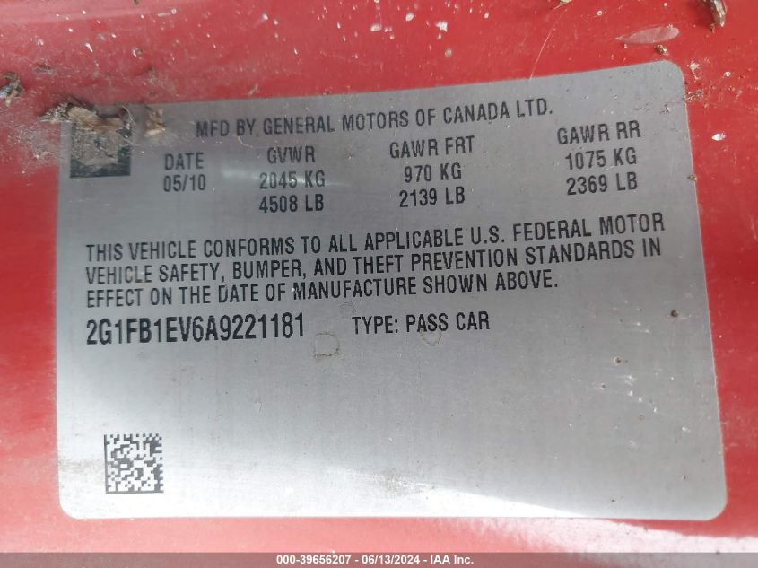 2010 Chevrolet Camaro 1Lt VIN: 2G1FB1EV6A9221181 Lot: 39656207