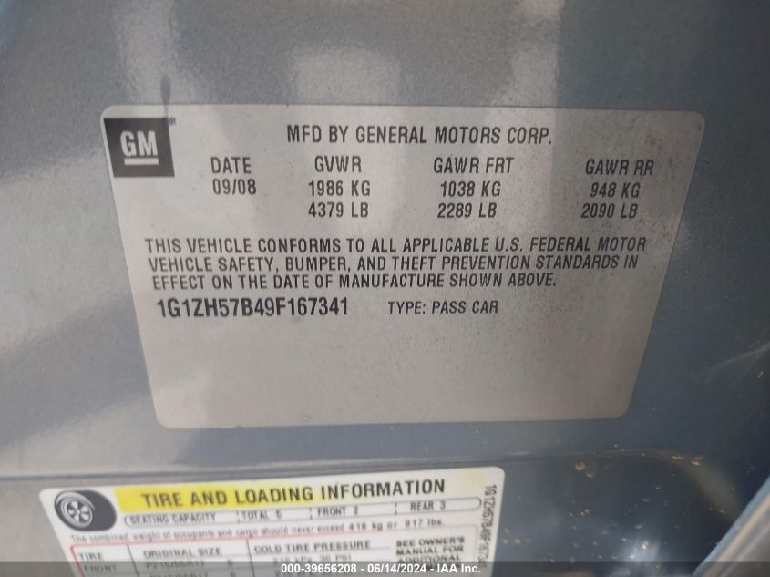 2009 Chevrolet Malibu Lt VIN: 1G1ZH57B49F167341 Lot: 39656208