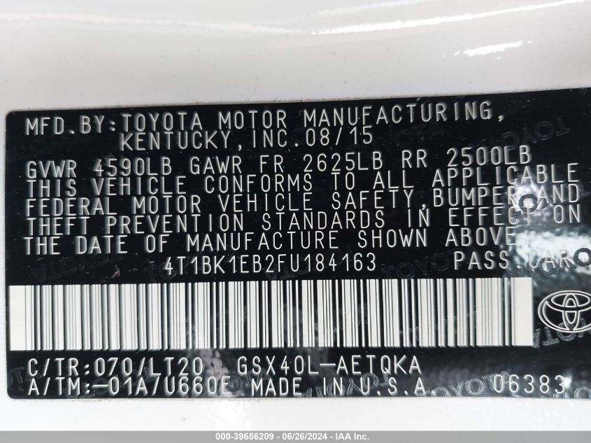 2015 Toyota Avalon Xle Touring VIN: 4T1BK1EB2FU184163 Lot: 39656209