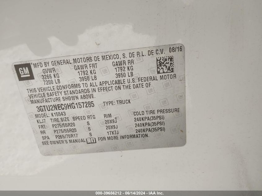 2017 GMC Sierra 1500 Slt VIN: 3GTU2NEC9HG157285 Lot: 39656212