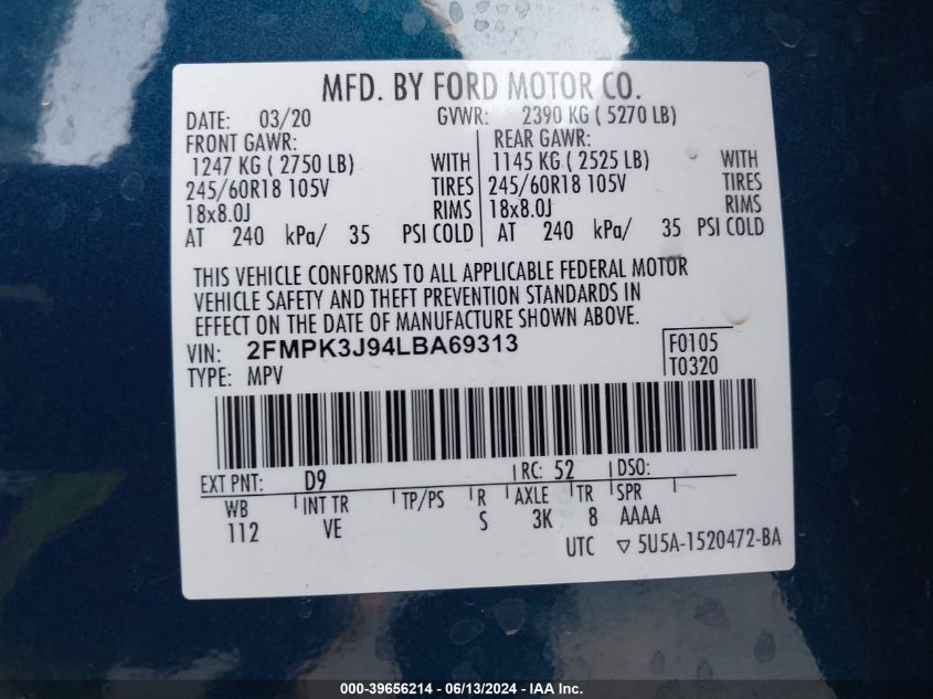 2020 Ford Edge Sel VIN: 2FMPK3J94LBA69313 Lot: 39656214