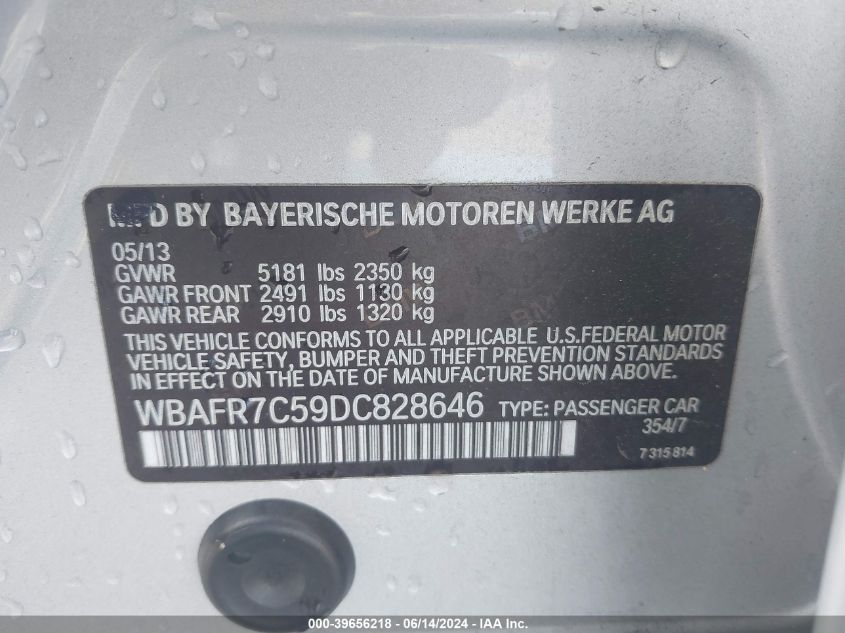 2013 BMW 535I VIN: WBAFR7C59DC828646 Lot: 39656218