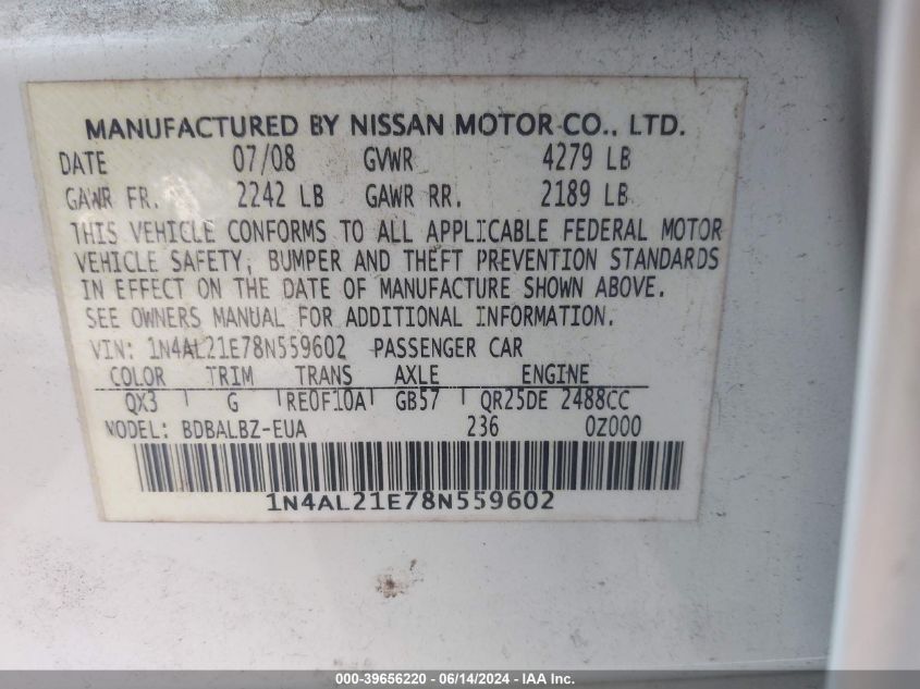 2008 Nissan Altima 2.5 S VIN: 1N4AL21E78N559602 Lot: 39656220