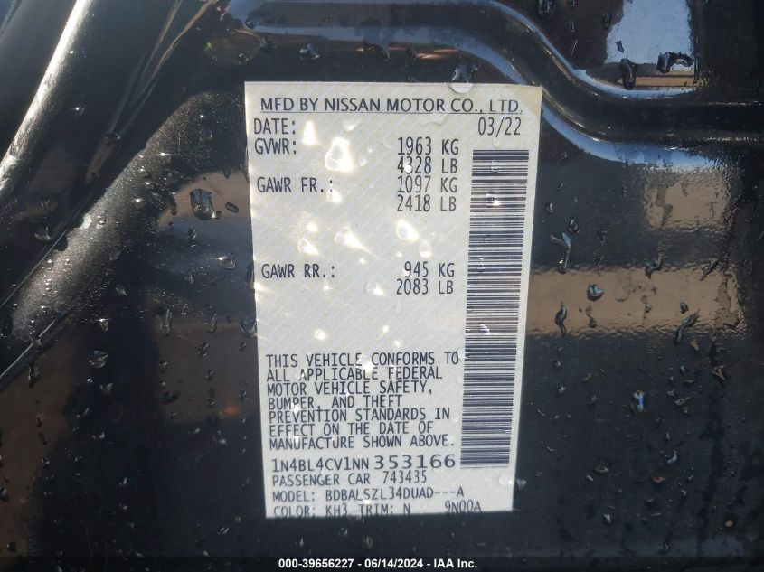 2022 Nissan Altima Sr Fwd VIN: 1N4BL4CV1NN353166 Lot: 39656227