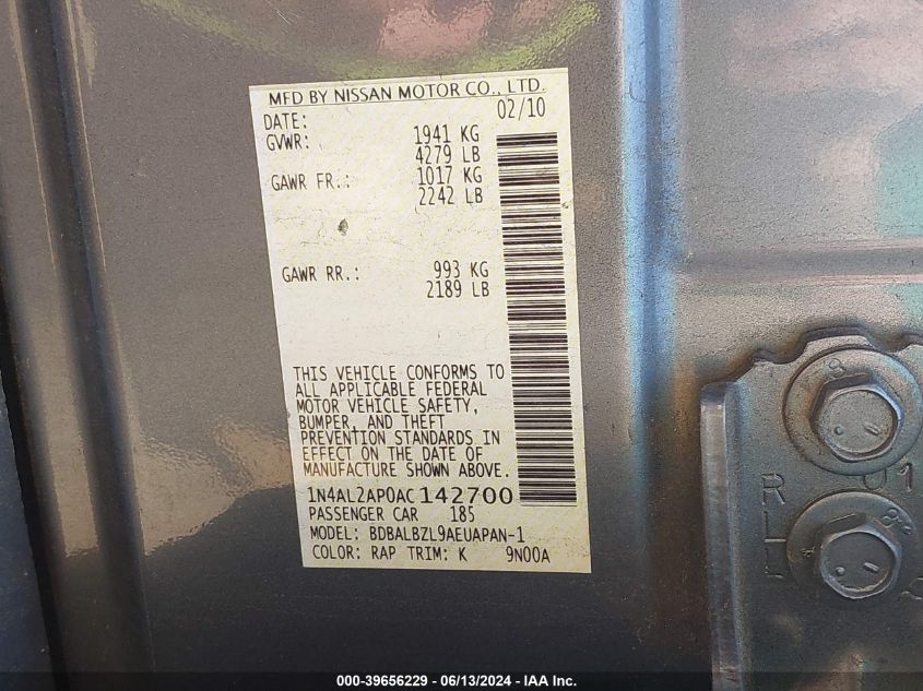 2010 Nissan Altima 2.5 S VIN: 1N4AL2AP0AC142700 Lot: 39656229