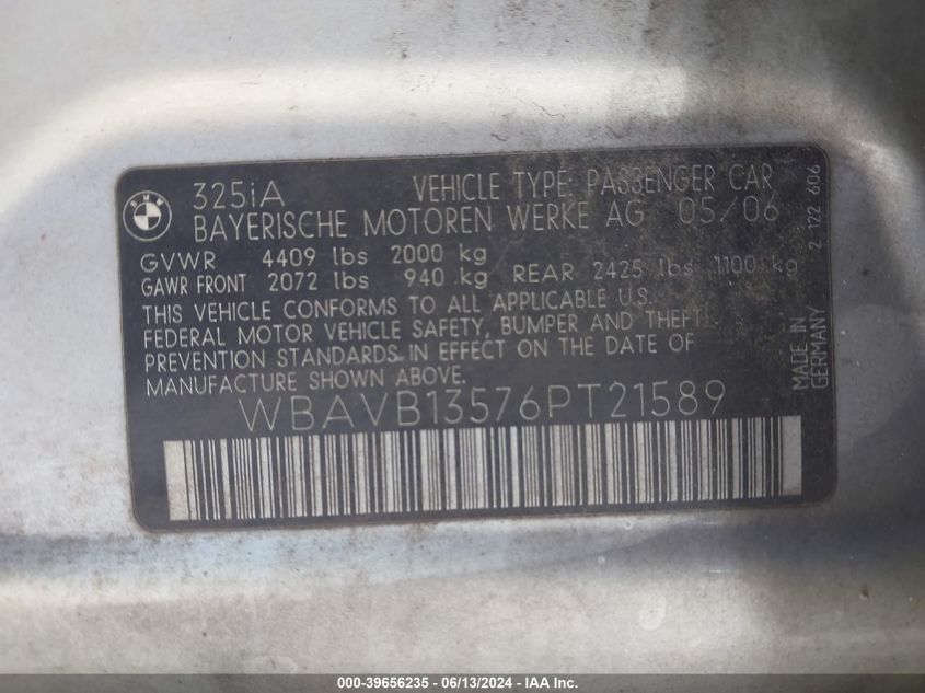 2006 BMW 325I VIN: WBAVB13576PT21589 Lot: 39656235